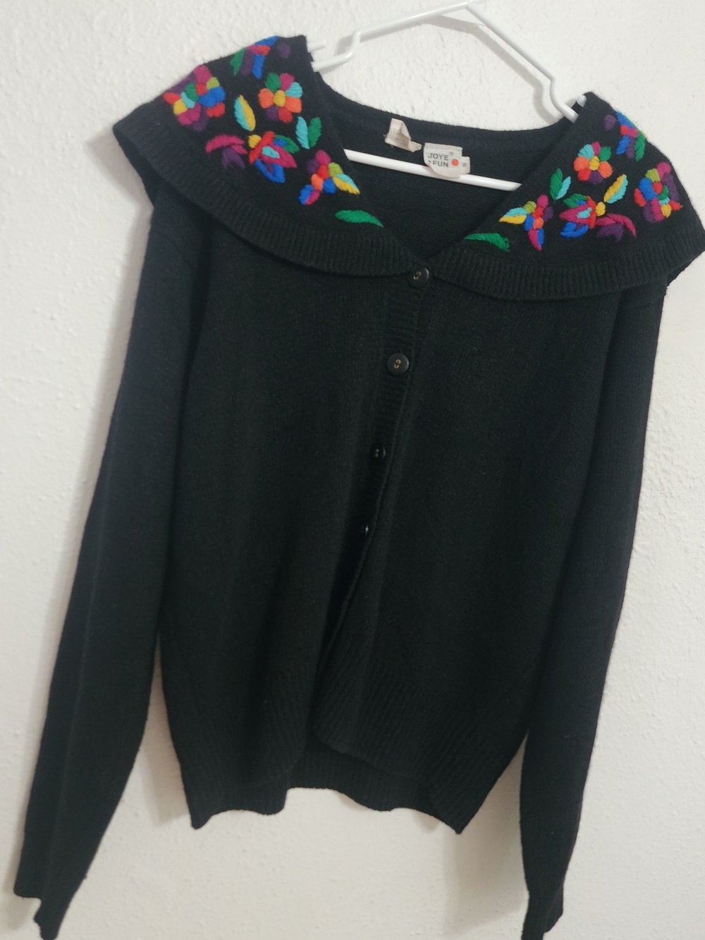 Vibrant Multicolor Embroidered Black Cardigan Silk, Angora & Lambswool Blend